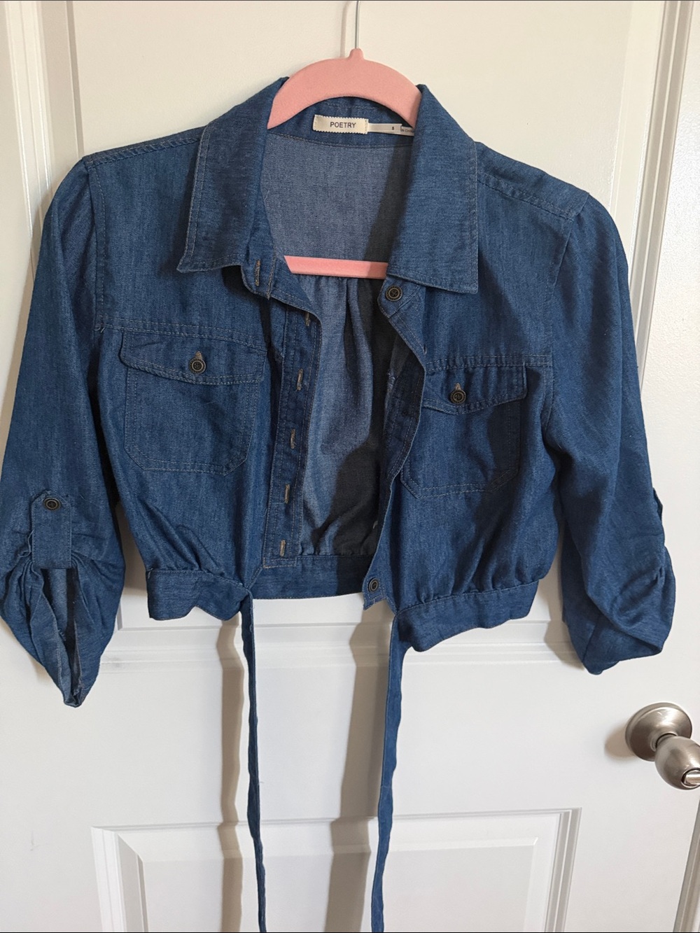 Poetry Denim Tie-Waist Cropped Jacket - Blue